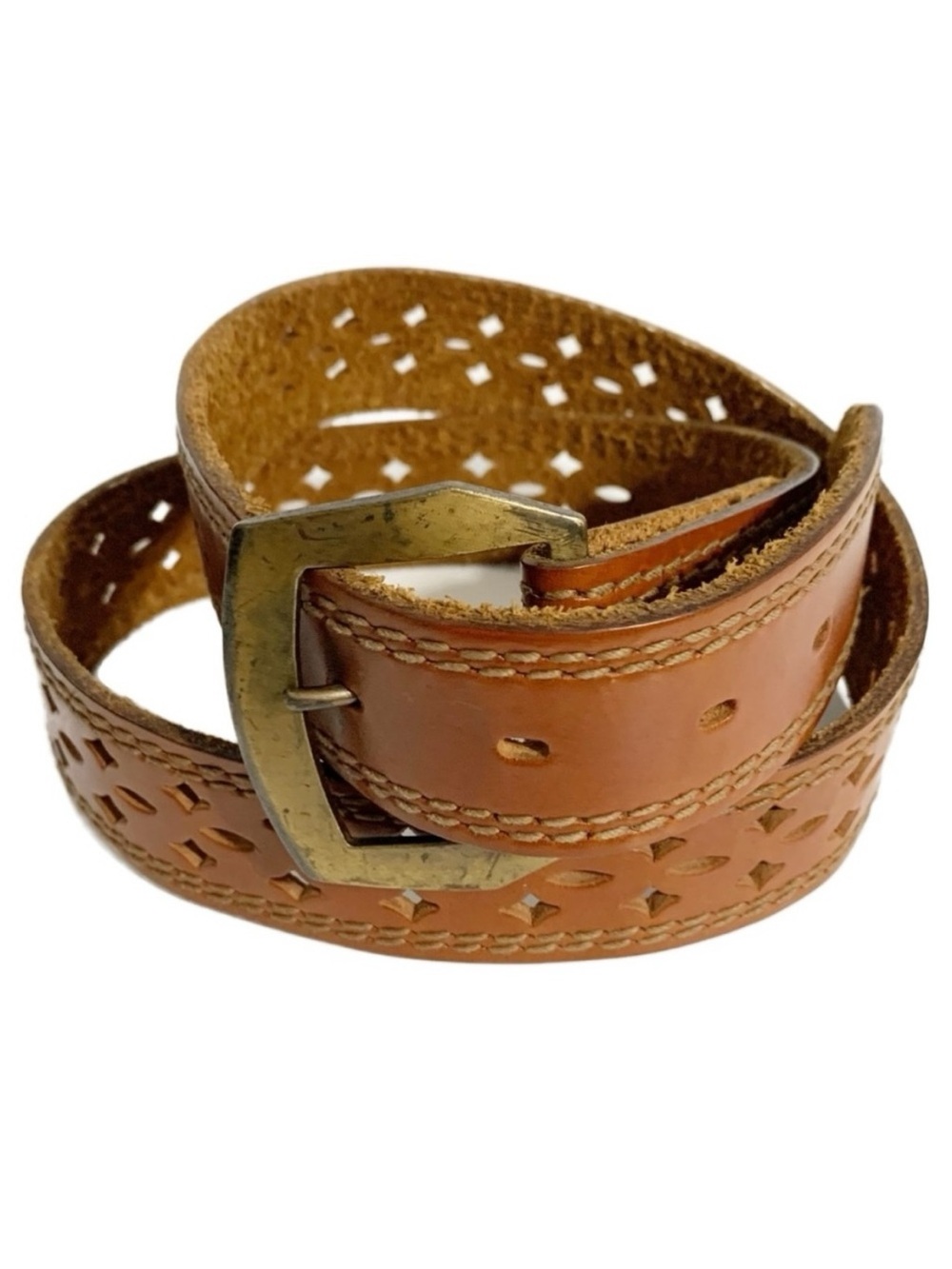 Unbranded Smooth Leather Belt with Diamond and Oval Cutouts Brass Toned Hardware